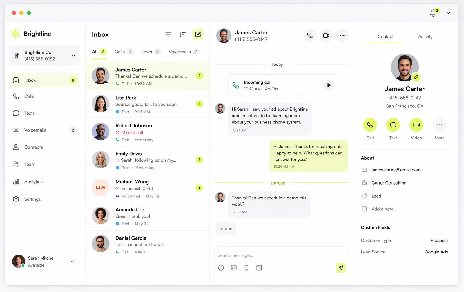 Smartytel shared inbox showing calls, texts and contact details