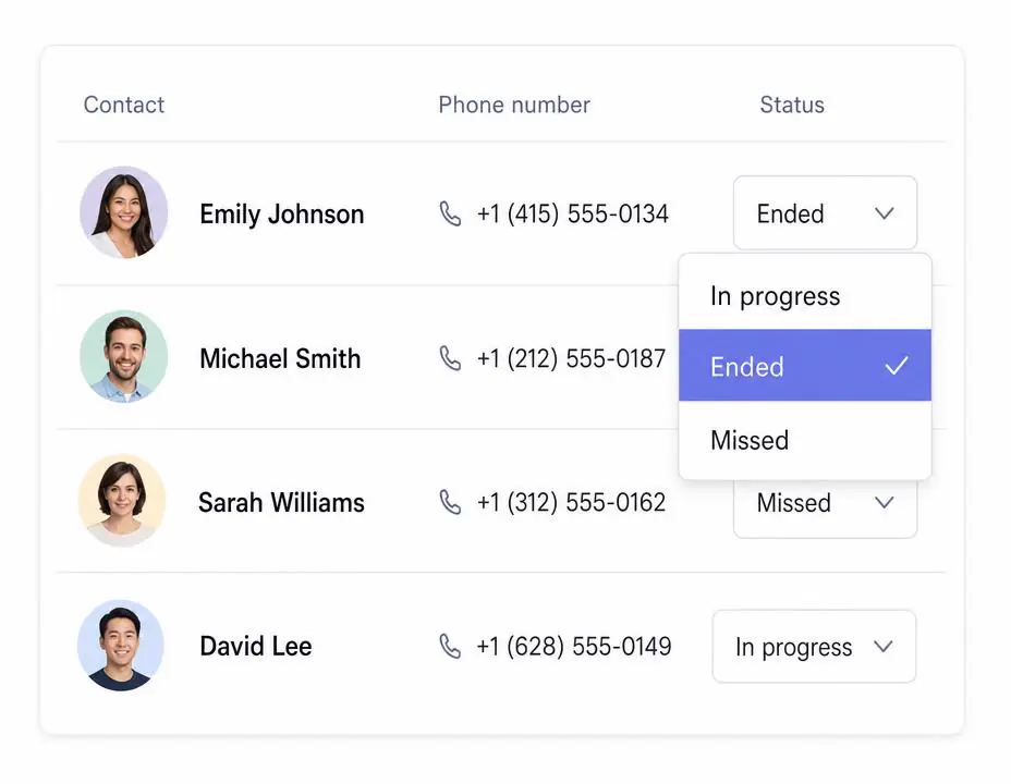 Call log list with a status dropdown open