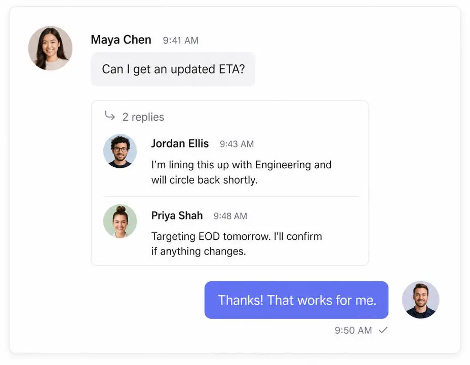 Internal team thread with replies on a customer message