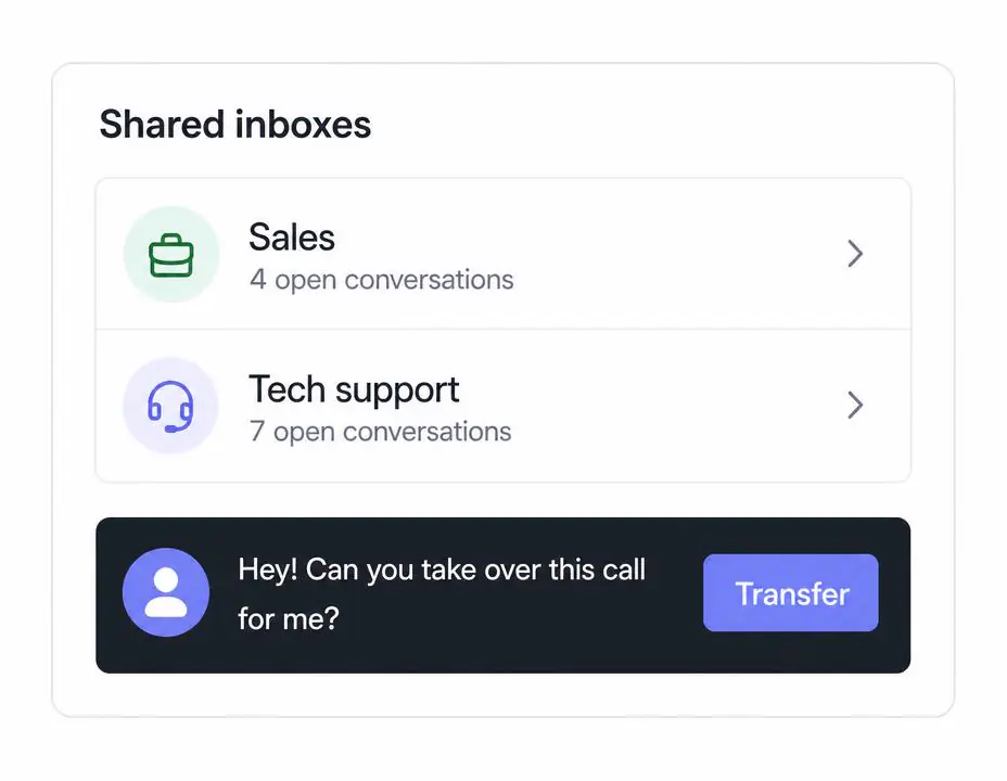 Shared inboxes list with a call transfer request