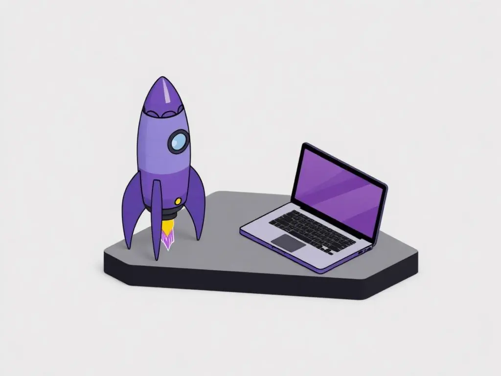 Isometric rocket and laptop illustration