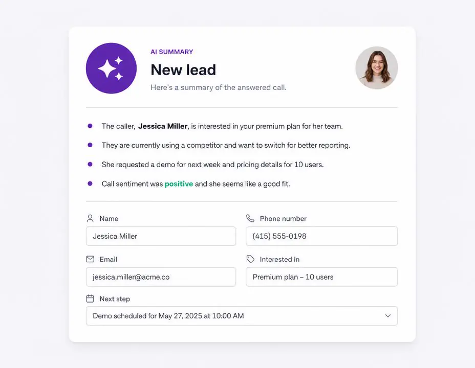 Smartytel CRM contact record with call history and AI lead summary