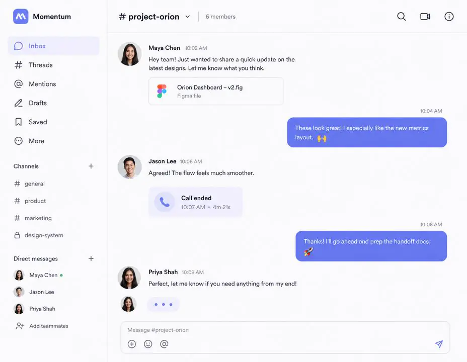 Shared team inbox with call and message threads