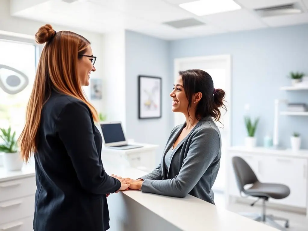 Dental office receptionist greeting a patient