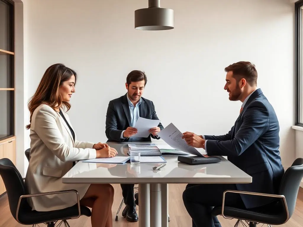 Legal team reviewing documents in a conference room
